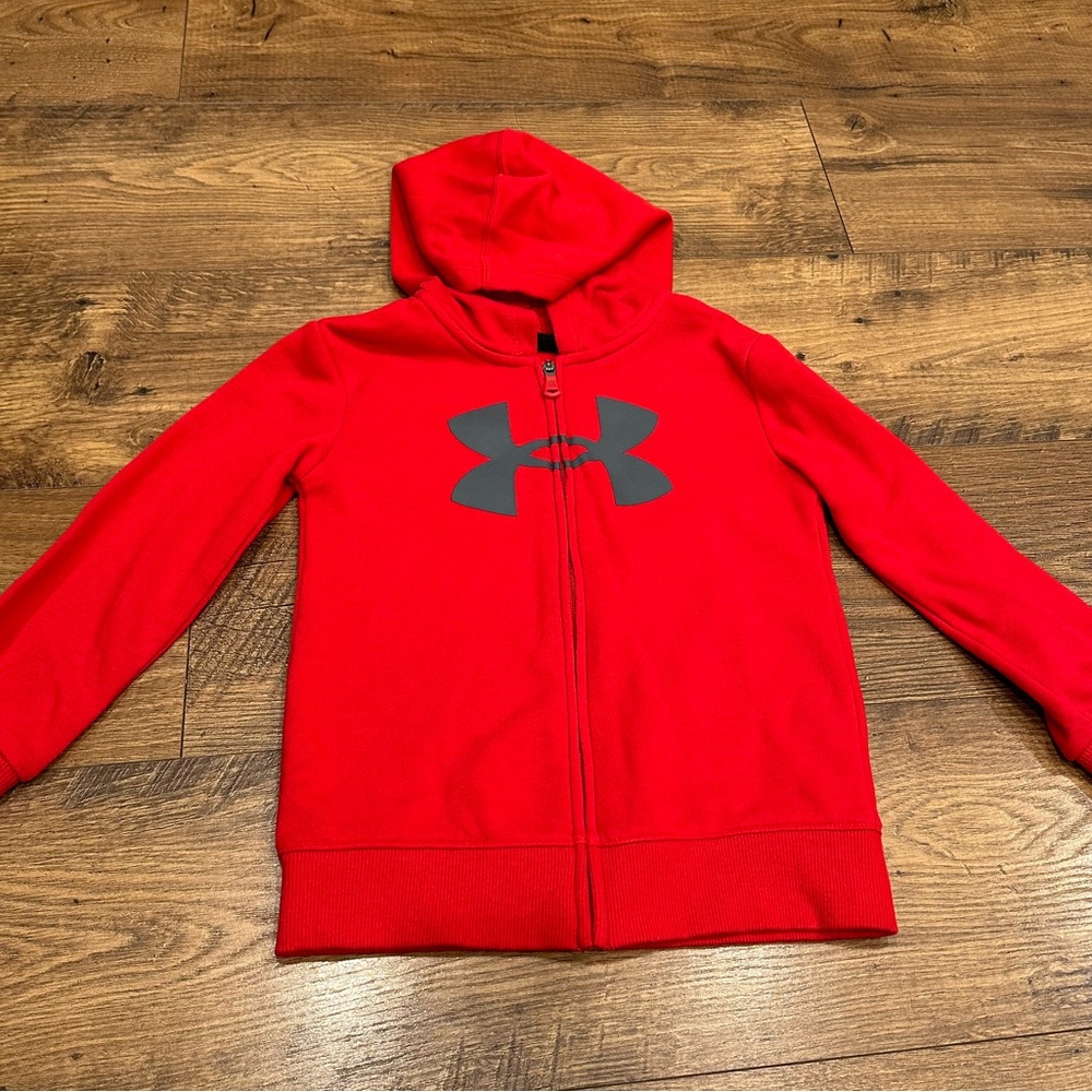 Under Armour Boys Red Full Zip Hoodie Youth Size 5 Big Logo Fleece Jacket